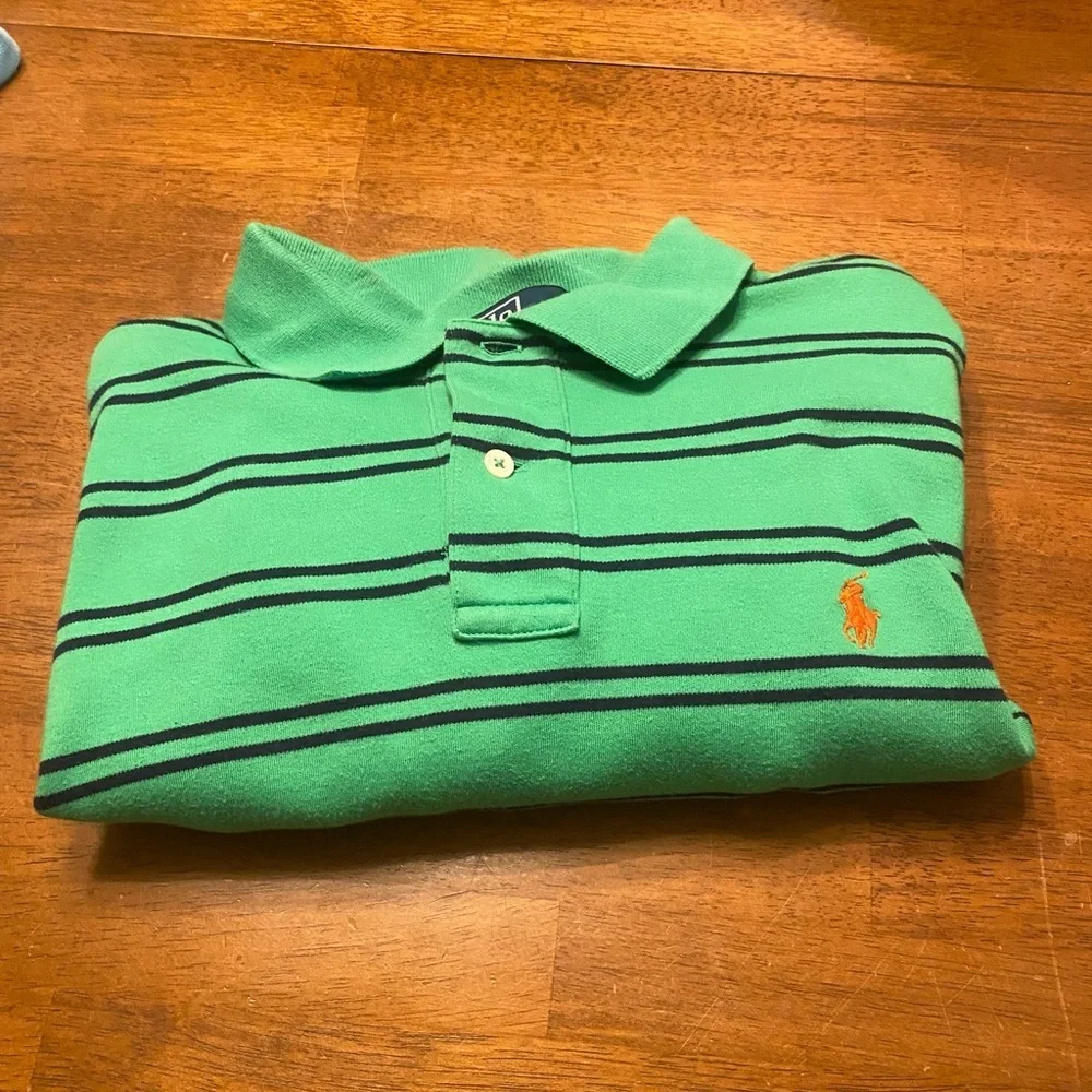 Ralph Lauren Men's Polo Shirt in Green with Navy Stripes